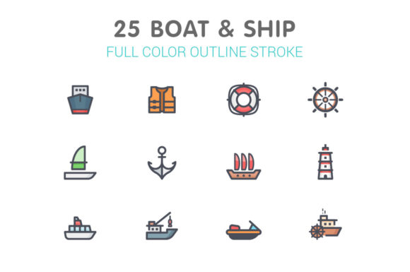 Boat and Ship Line with Color Icons: A Versatile Graphic Design Asset